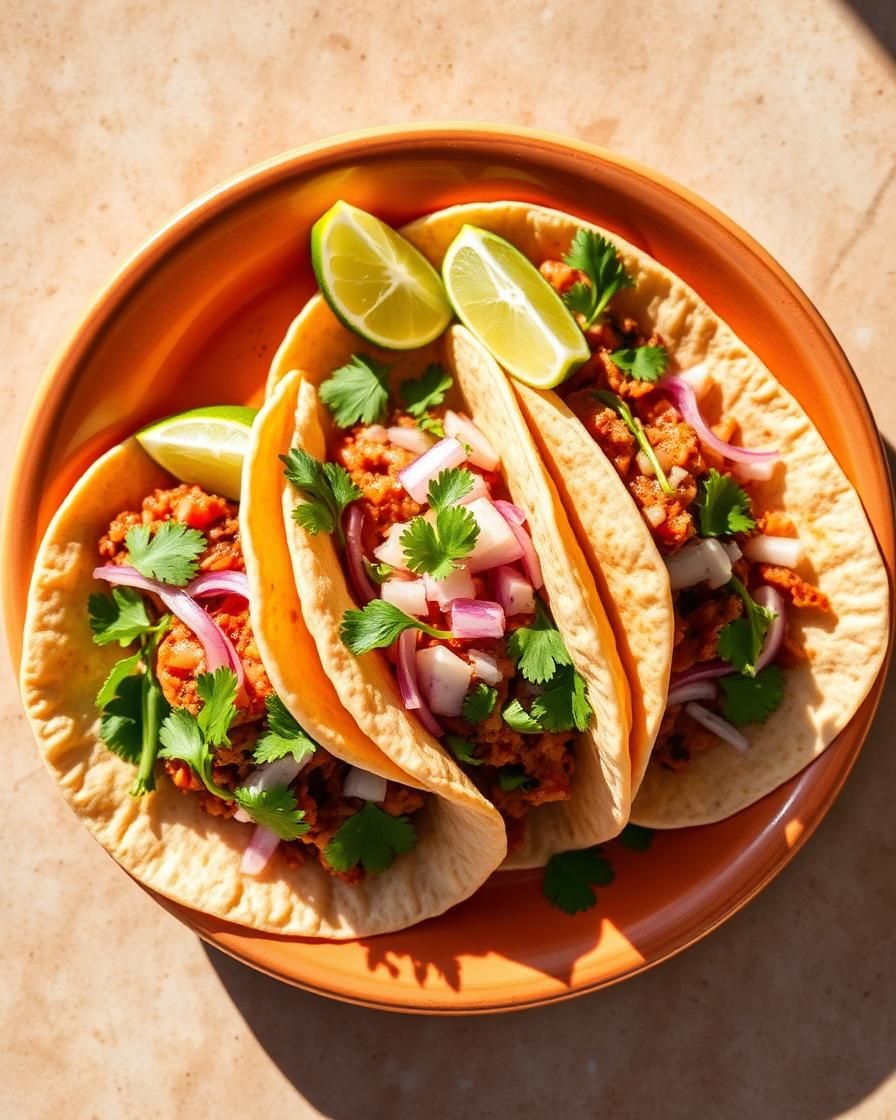 Three street tacos with lime and cilantro on a warm ceramic plate